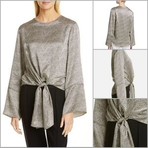 NWT Cinq a Sept Silk Birds Eye Mayden Tie Front Top in Taupe Gardenia